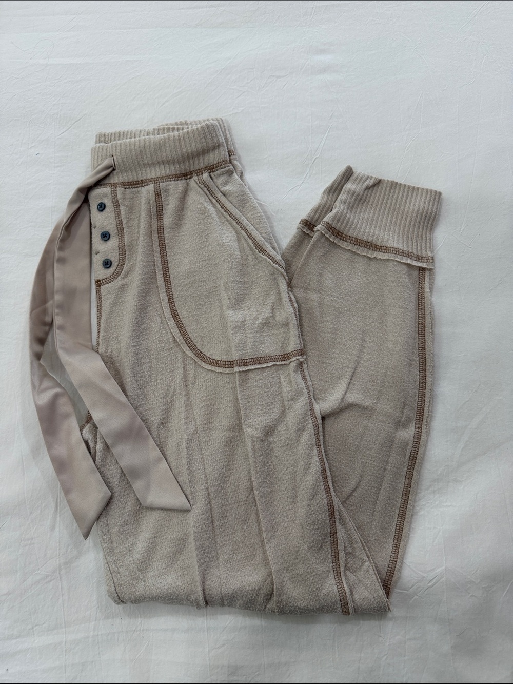 Abercrombie & Fitch Taupe Ribbed-Waist Joggers with Ribbon Tie